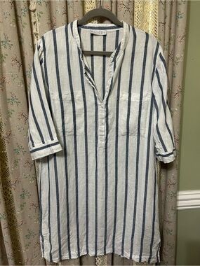 Ridley 100% Linen Striped Tunic Dress Cover Up White Blue Stripe Size L/XL